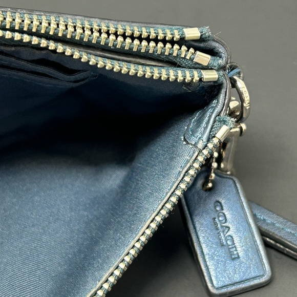 Coach Blue Metallixc Double Pocket Zip Wristlet - Picture 11 of 14